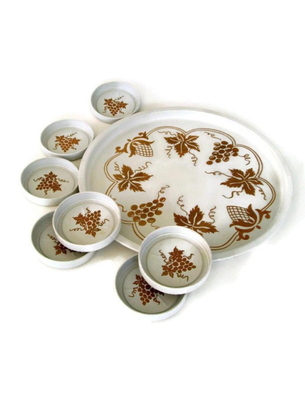 Vintage White & Gold Grapevine Tin Serving Tray with Coasters
